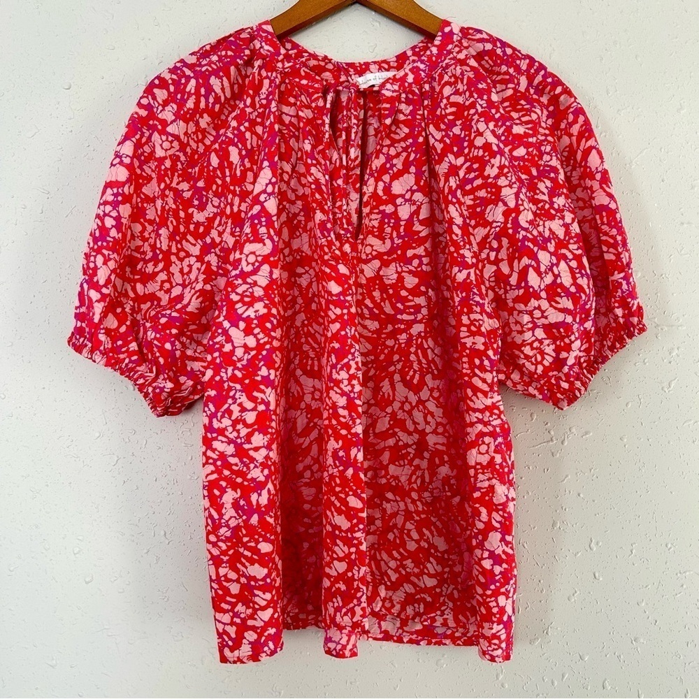 House of Harlow 1960 Pink and Red Abstract Print Puff Sleeve Blouse